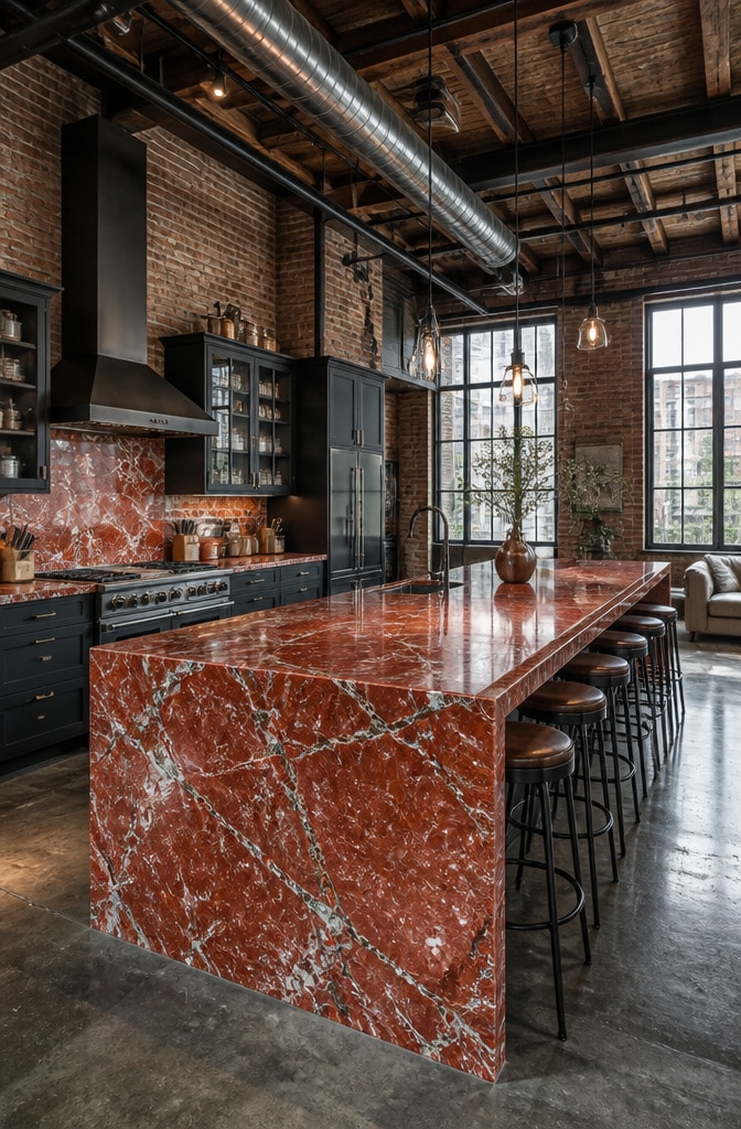 Industrial Red Marble Kitchen Loft