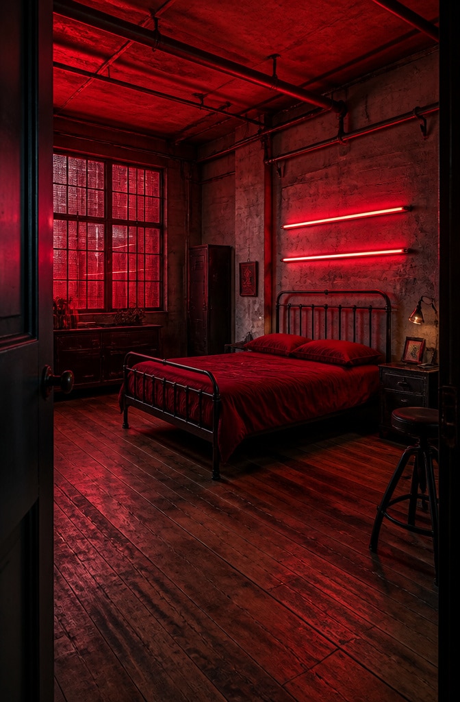 Industrial Red Tube Light Bedroom
