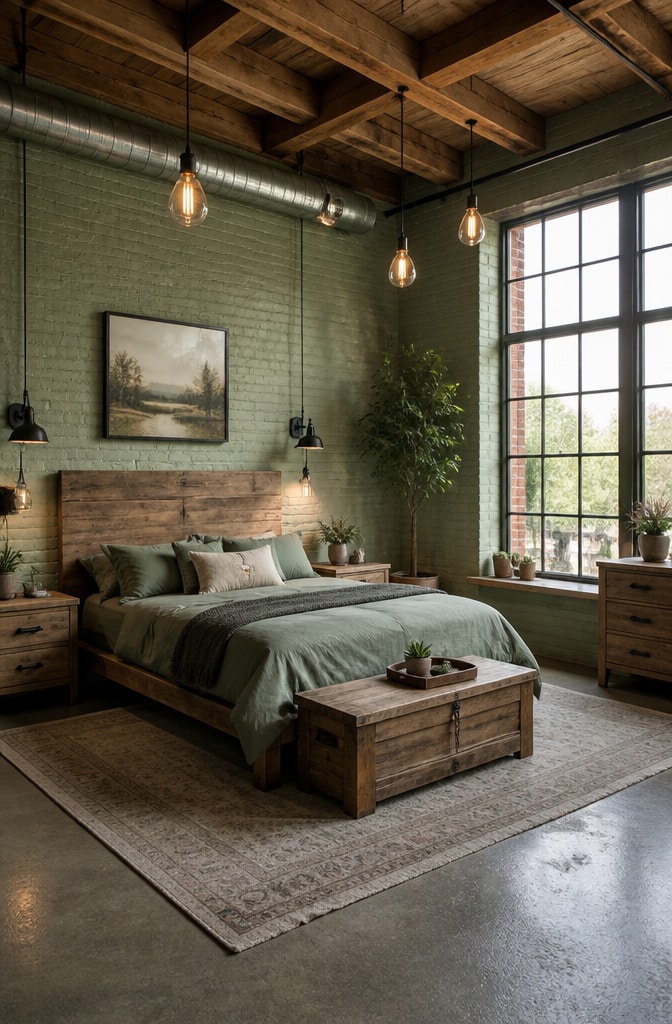 Industrial Sage Green Farmhouse Bedroom