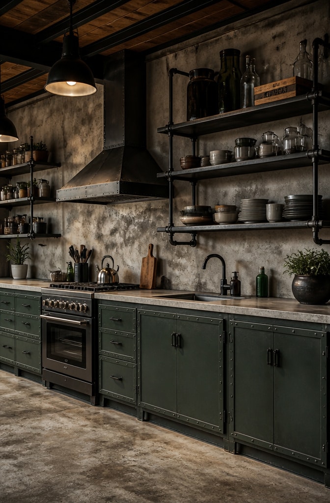 Industrial Style Forest Green Cabinets