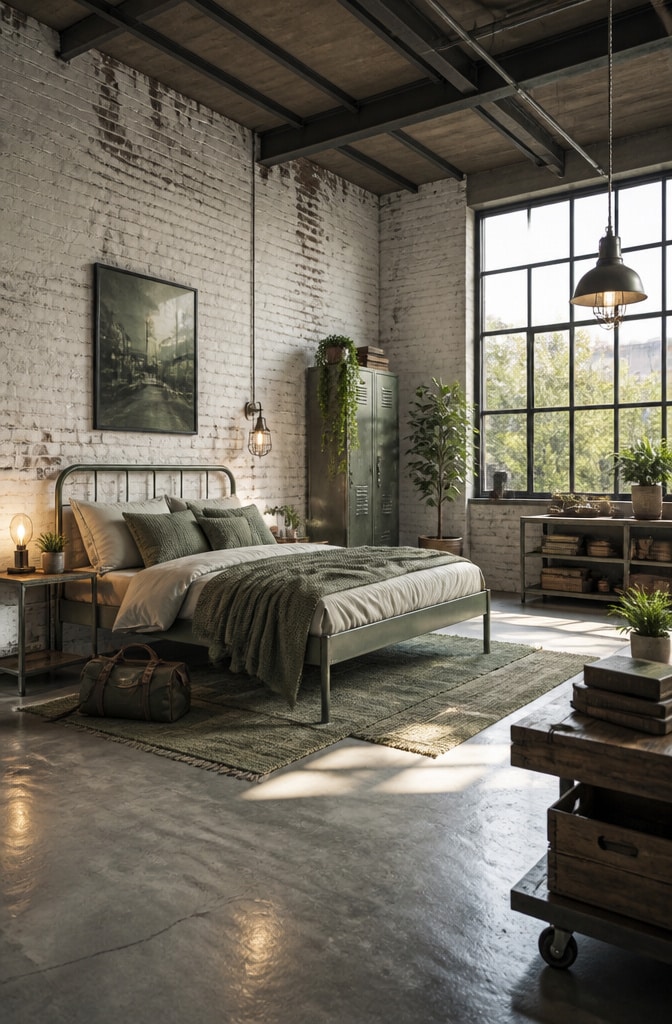 Industrial White and Sage Green Bedroom Loft