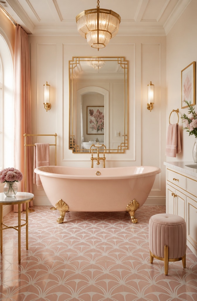Ivory and Blush Art Deco Bathroom with Gold Accents