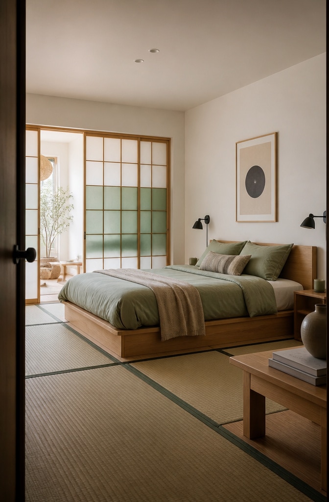 Japandi White and Sage Green Bedroom