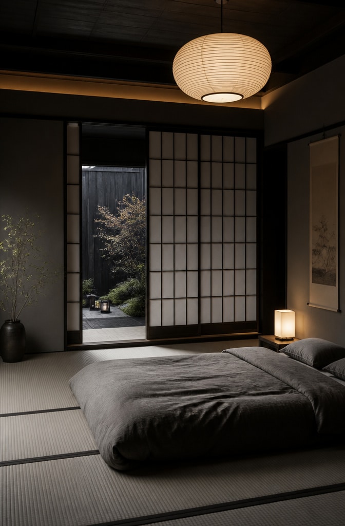 Japanese-Inspired Black and Grey Bedroom