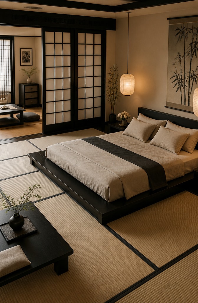 Japanese-Inspired Black Bedroom Sanctuary