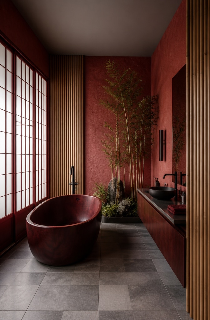 Japanese-Inspired Dark Red Bathroom