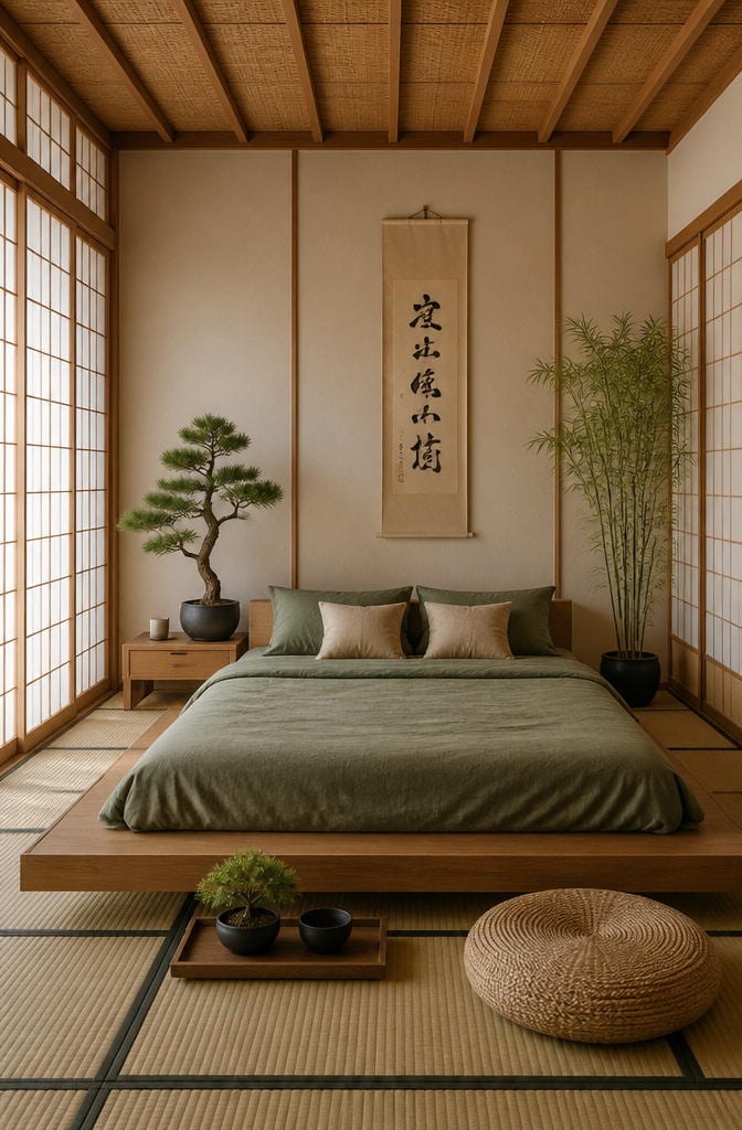 Japanese-Inspired Green and Beige Bedroom