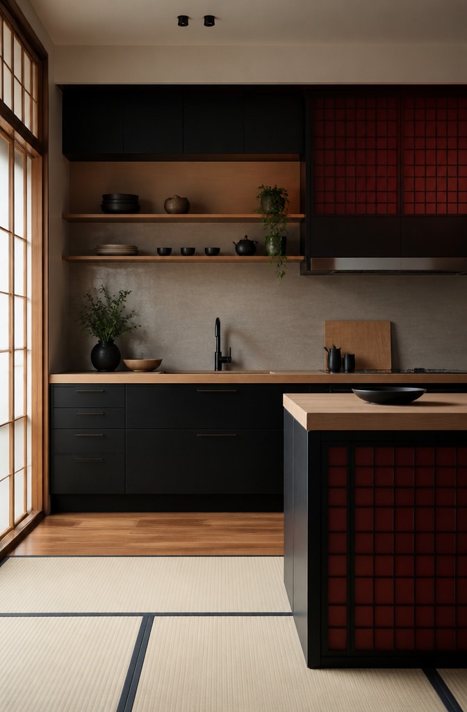 Japanese-Inspired Red and Black Kitchen