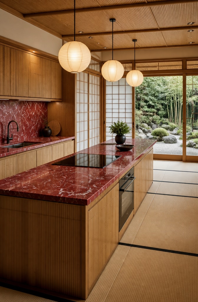 Japanese-Inspired Red Marble Kitchen