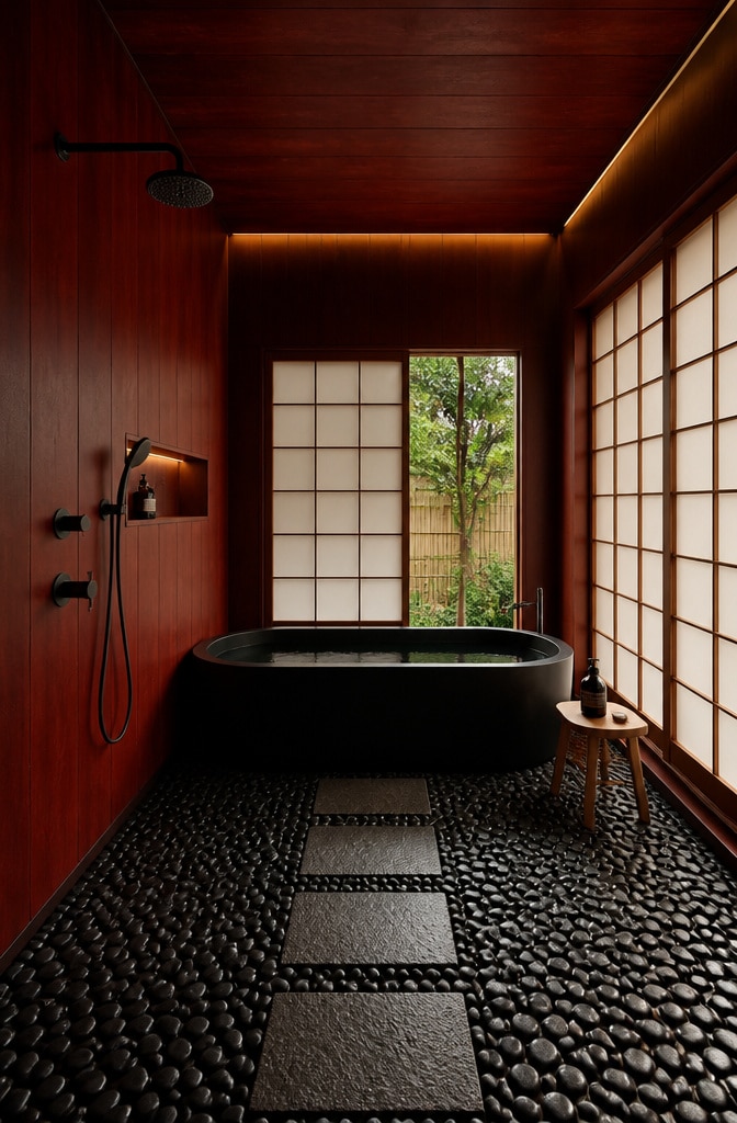 Japanese Minimalist Red and Black Bathroom