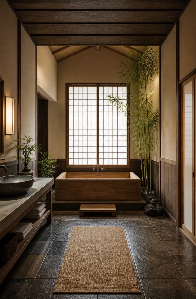Japanese Zen Beige and Brown Bathroom