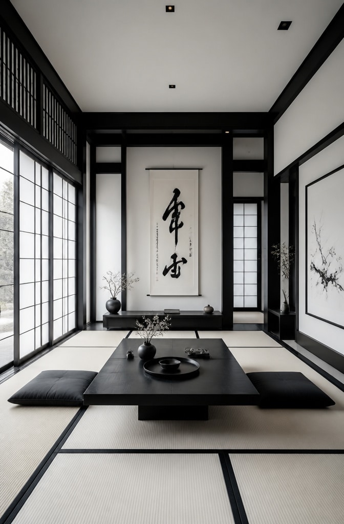 Japanese Zen Black and White Living Room