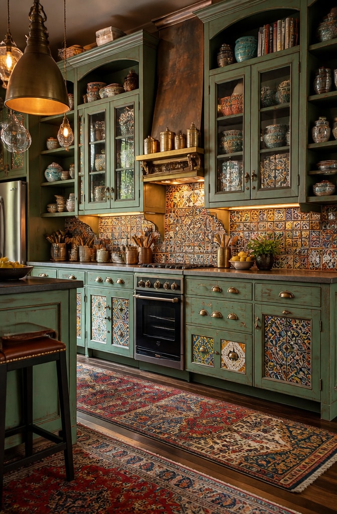 Light Green Eclectic Bohemian Kitchen Cabinets