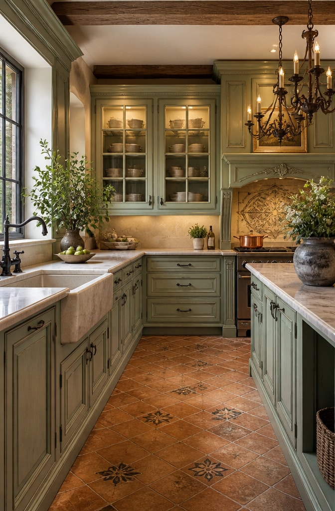 Light Green French Country Kitchen Cabinets
