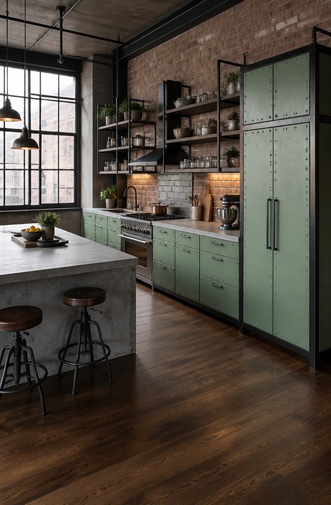Light Green Industrial Urban Kitchen Cabinets