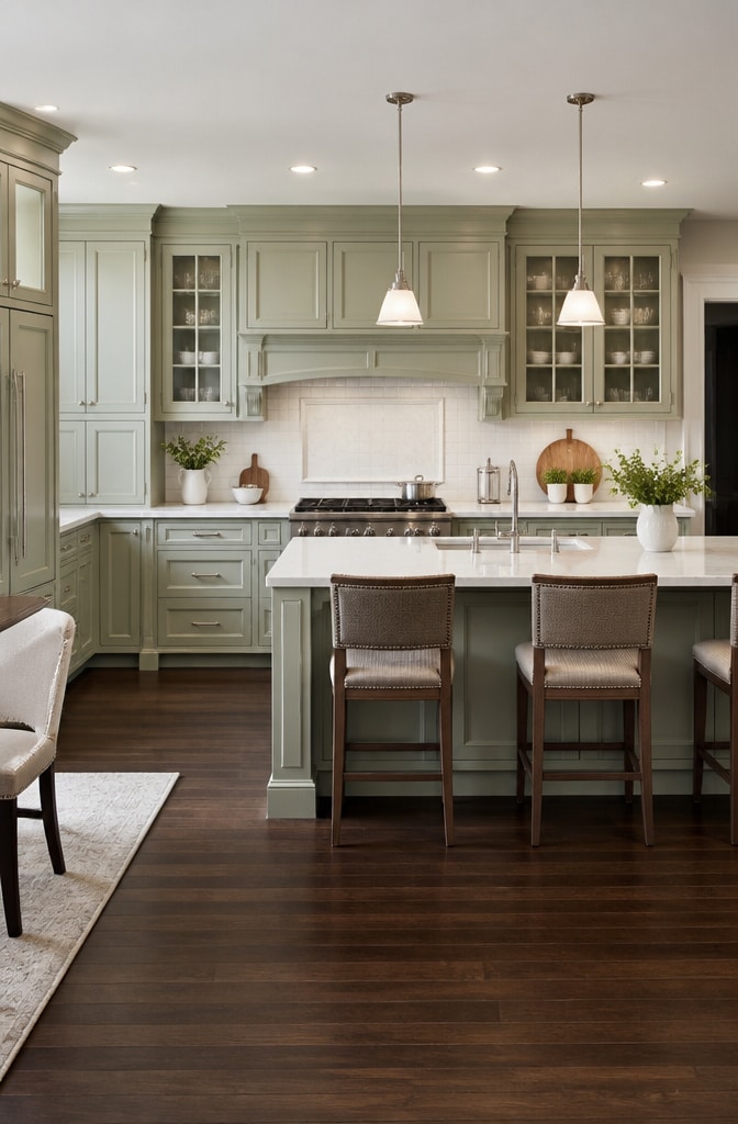 Light Green Transitional Classic Kitchen Cabinets