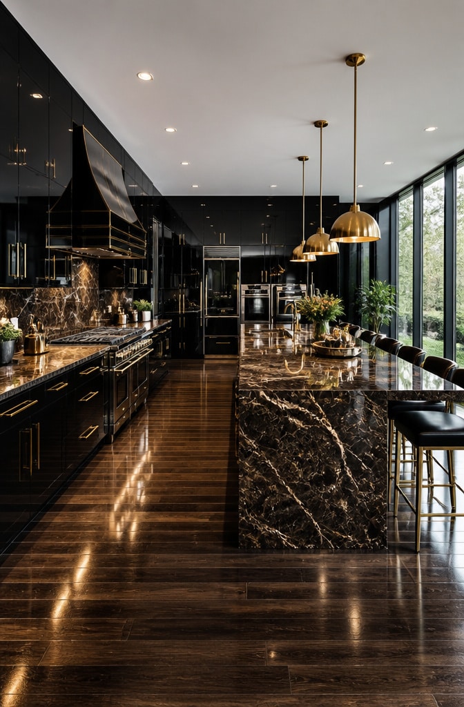 Luxurious Black and Brown High-Gloss Kitchen