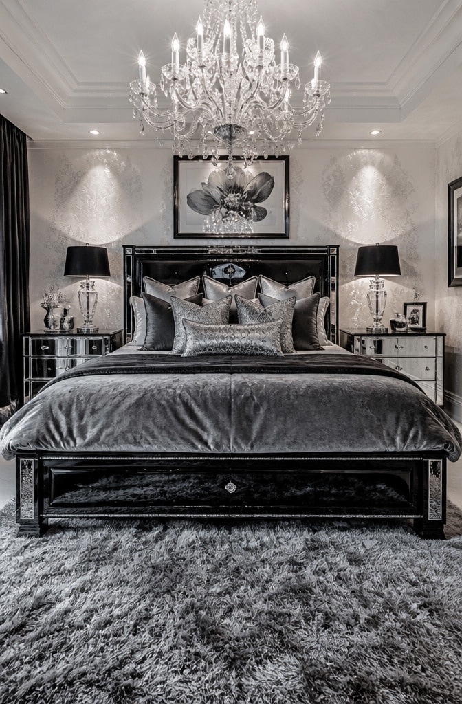 Luxurious Black and Silver Glam Bedroom