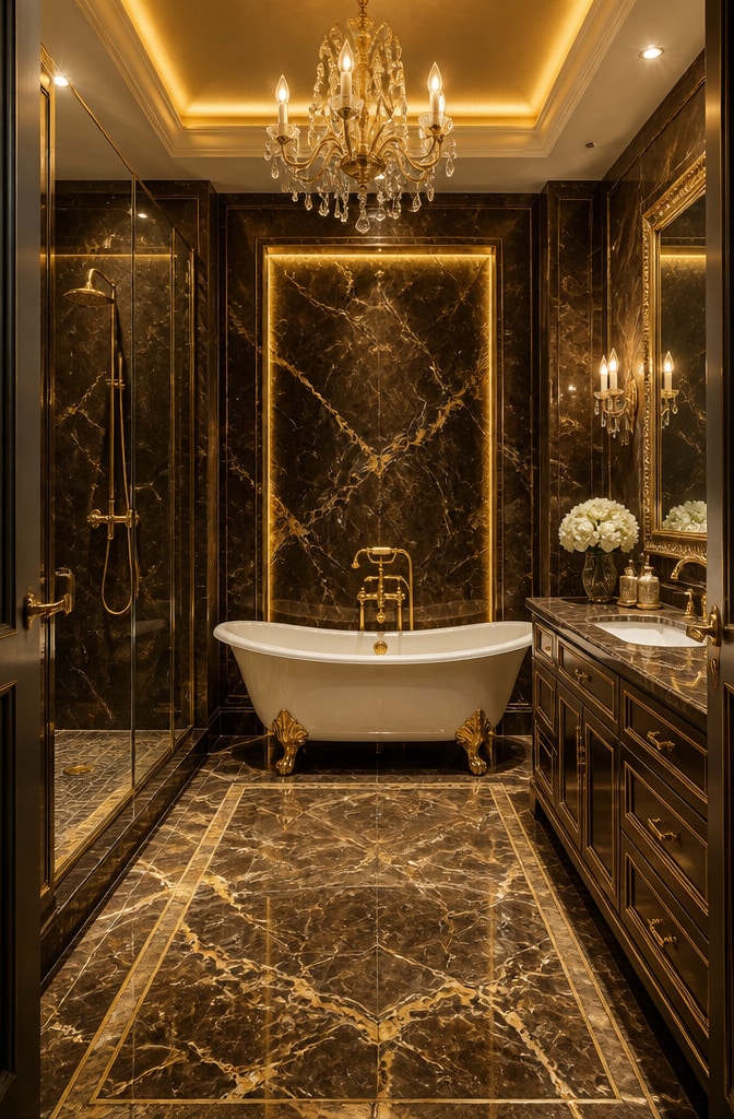 Luxurious Brown and Gold Marble Bathroom