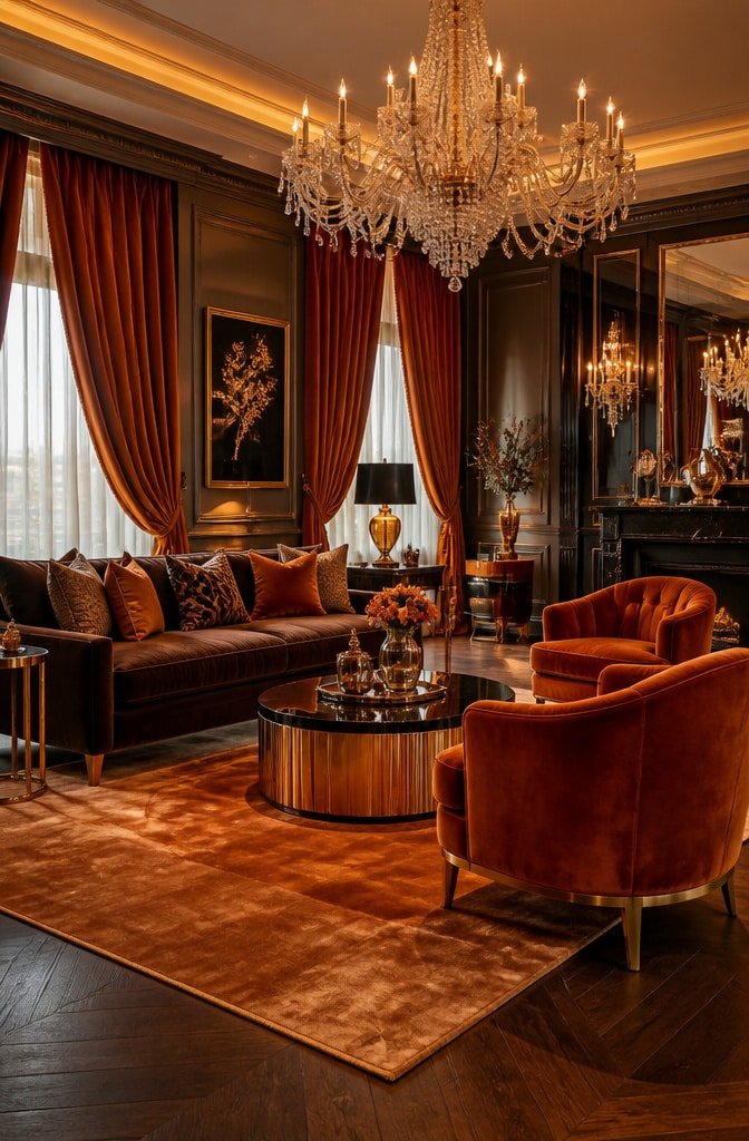 Luxurious Brown and Orange Velvet Glam Living Room