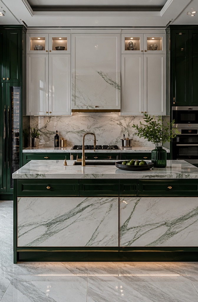 Luxurious Green and White Marble Kitchen Cabinets