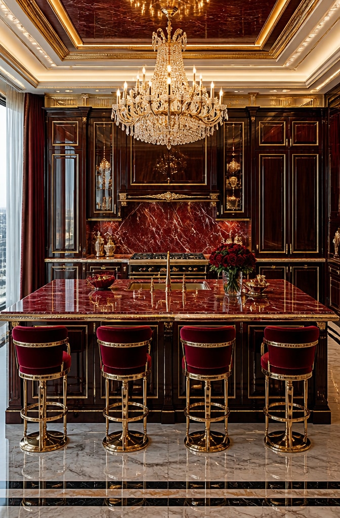 Luxurious Red Marble and Gold Kitchen