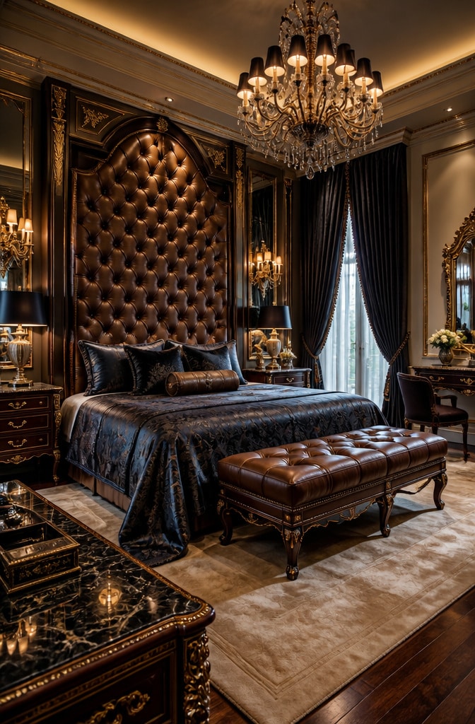 Luxury Brown Tufted Leather Headboard Bedroom