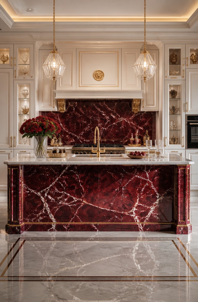 Luxury Red Marble Tile Kitchen