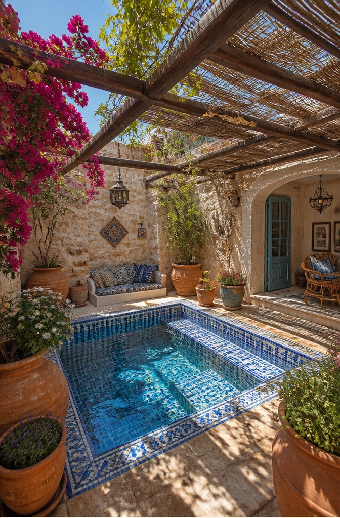 Mediterranean Courtyard Plunge Pool with Mosaic Tiles
