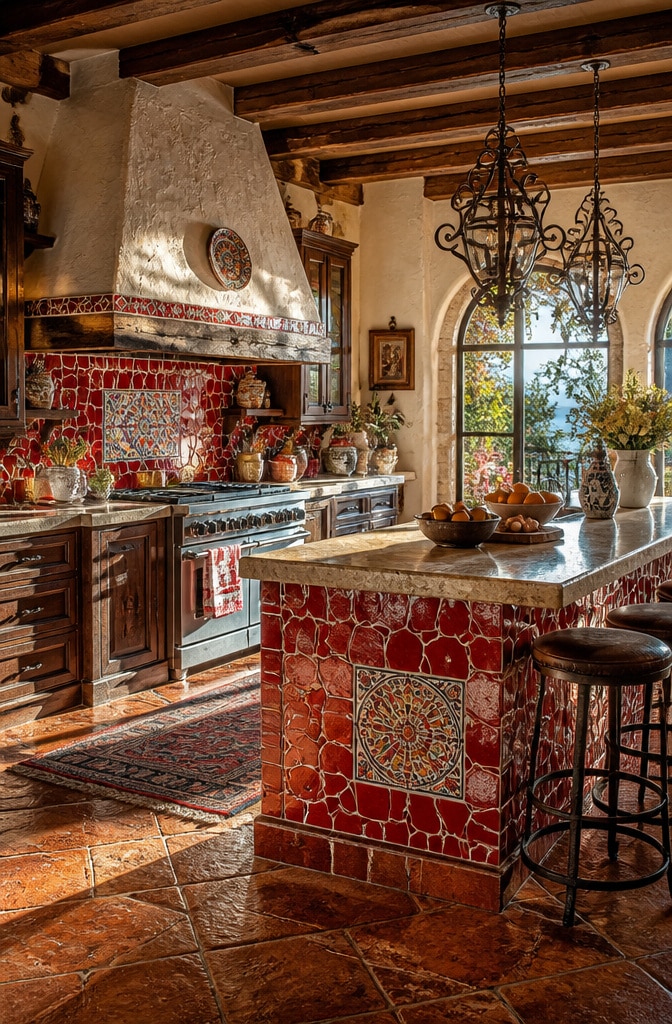 Mediterranean Red Mosaic Tile Kitchen