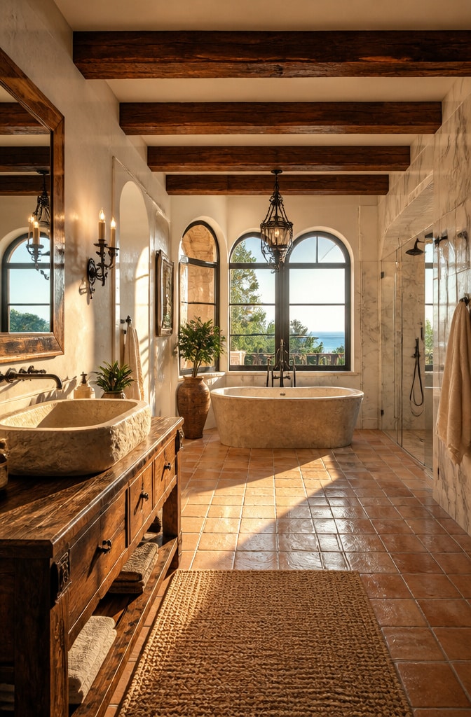 Mediterranean Terra Cotta and Marble Bathroom