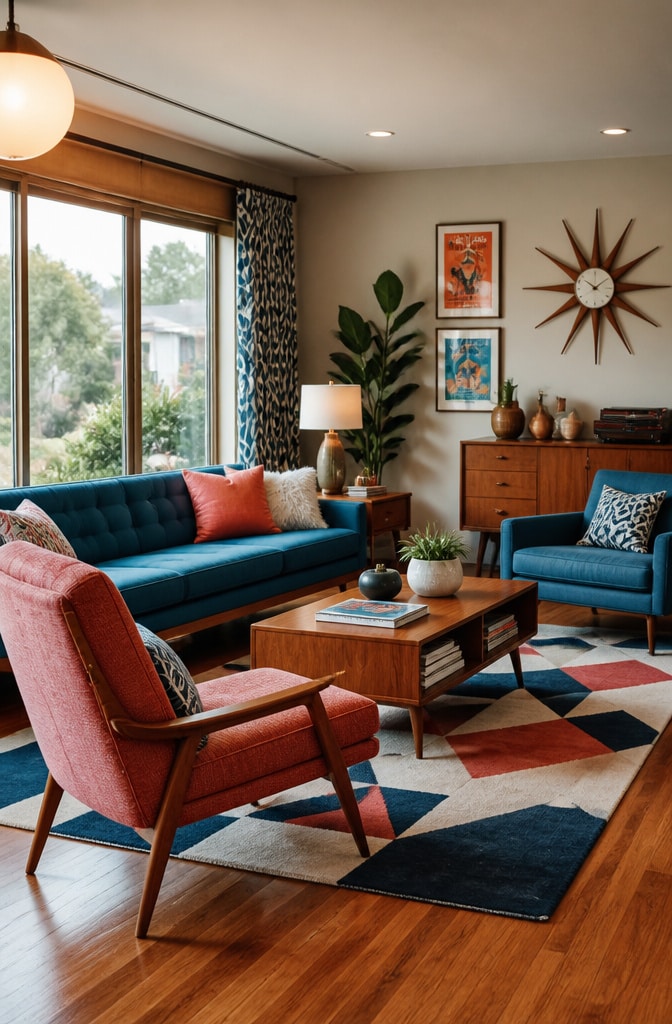 Mid-Century Blue and Pink Retro-Chic Living Room