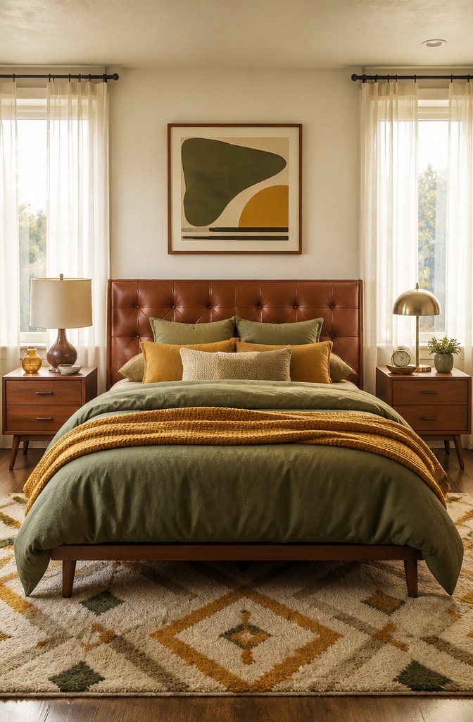 Mid-Century Brown Leather Headboard Bedroom