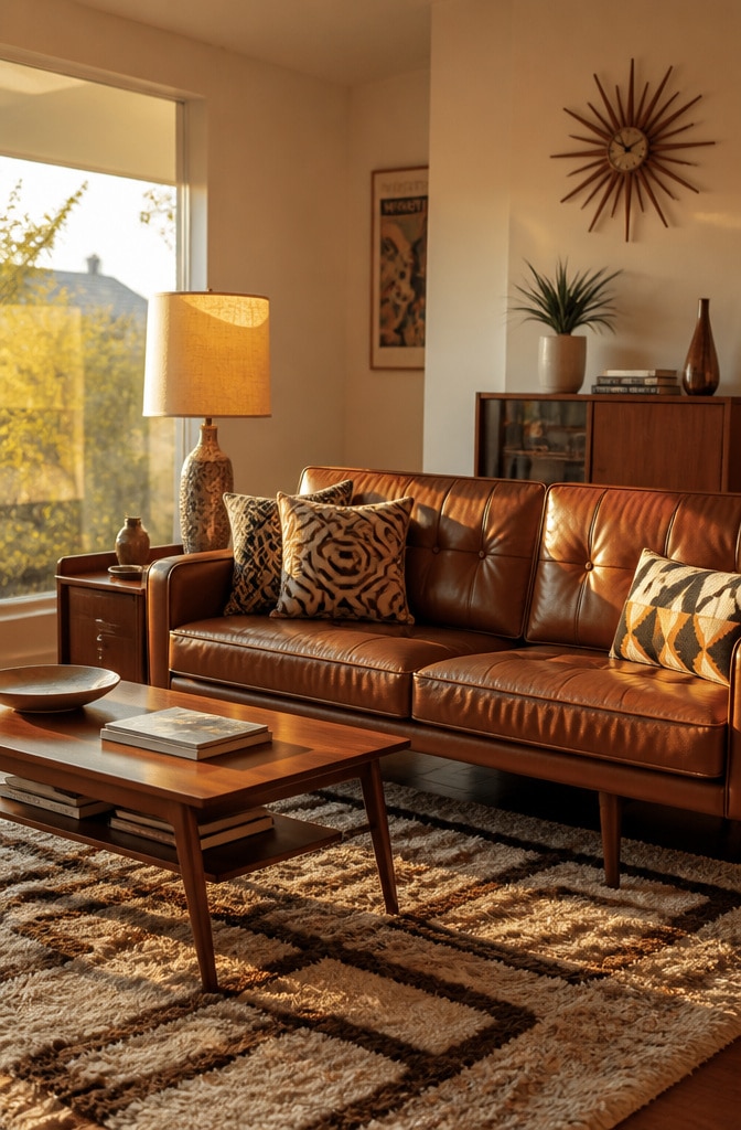 Mid-Century Brown Leather Sofa Living Room