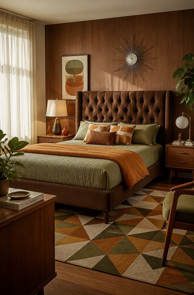 Mid-Century Brown Upholstered Headboard Bedroom