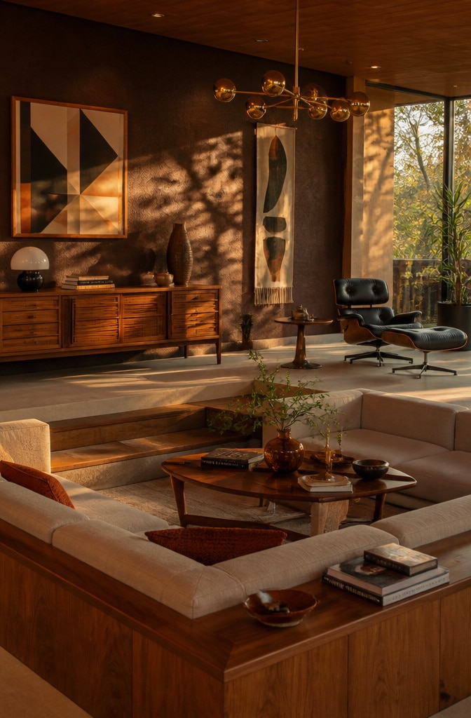 Mid-Century Brown Walls Living Room