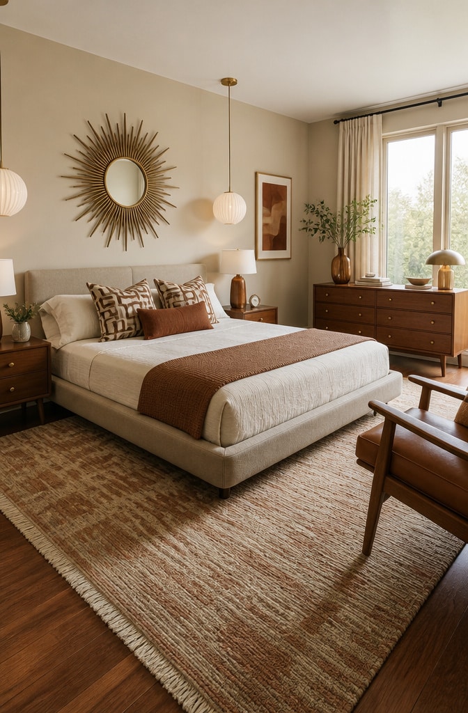 Mid-Century Modern Beige and Brown Bedroom