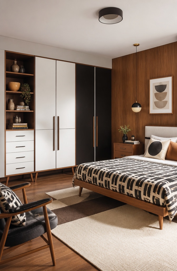 Mid-Century Modern Black and White Cupboard Bedroom