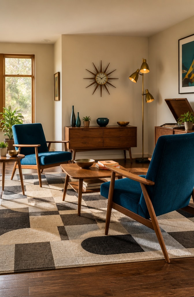Mid-Century Modern Blue and Beige Living Room