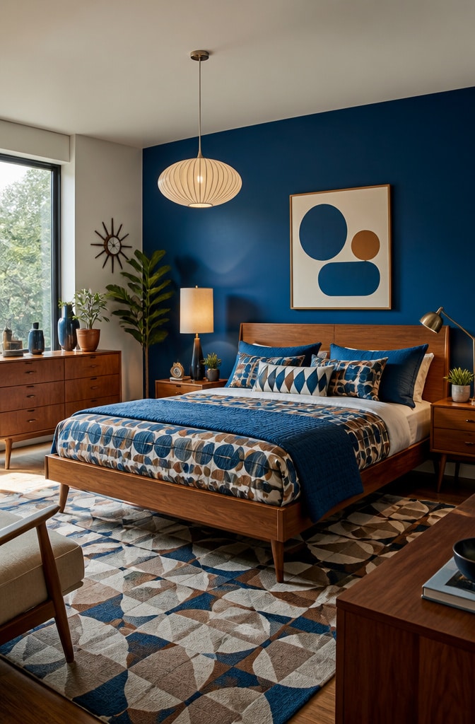 Mid-Century Modern Blue and Brown Bedroom