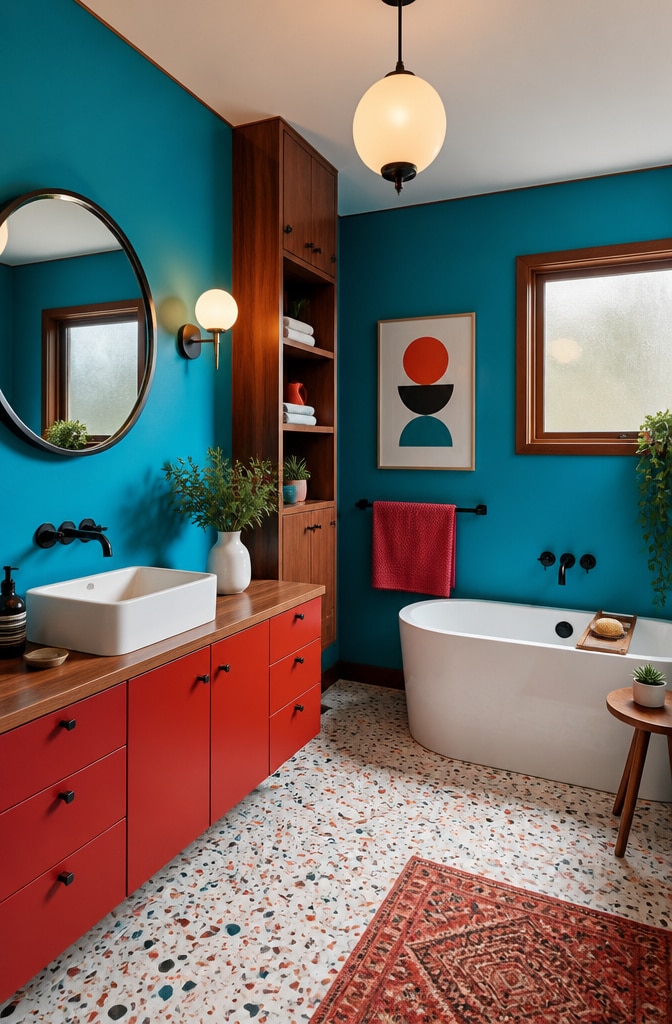 Mid-Century Modern Blue and Red Bathroom