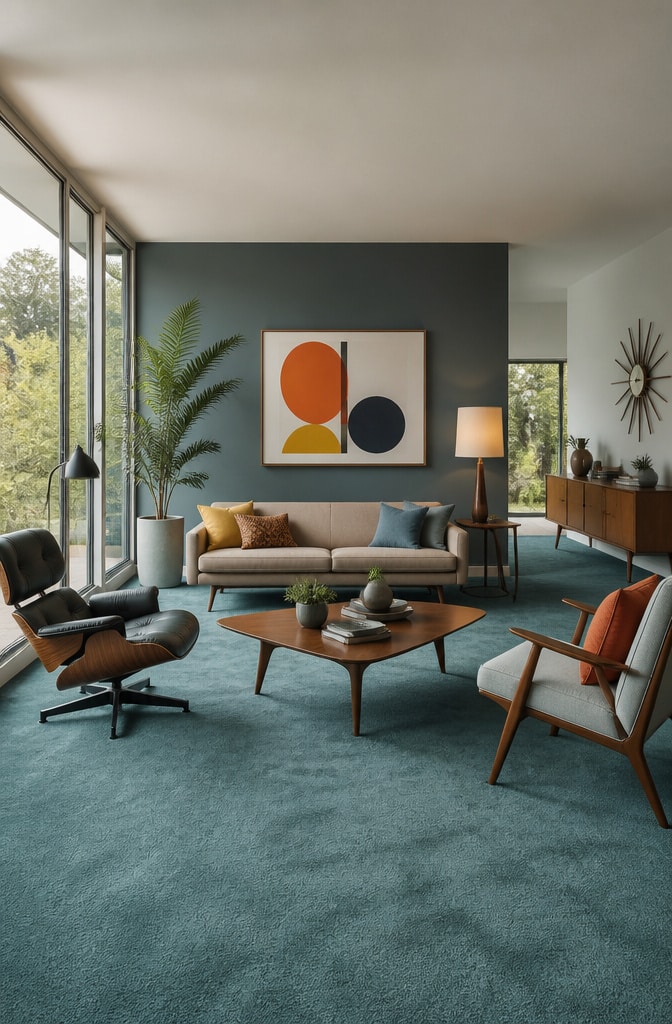 Mid-Century Modern Blue Carpet Living Room