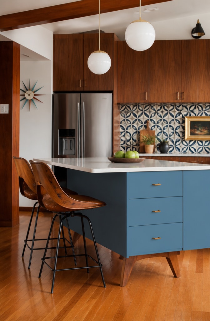 Mid-Century Modern Blue Kitchen Island