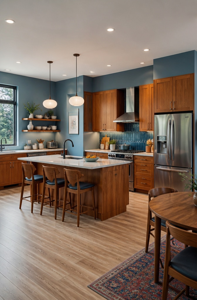 Mid-Century Modern Blue Kitchen Walls