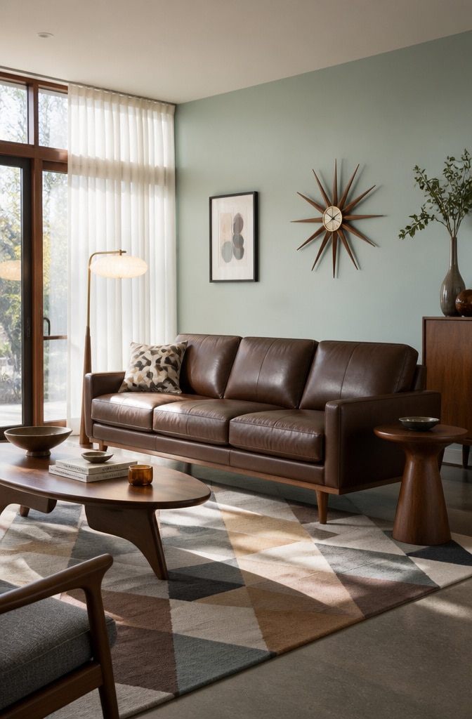 Mid-Century Modern Chocolate Brown Couch Living Room