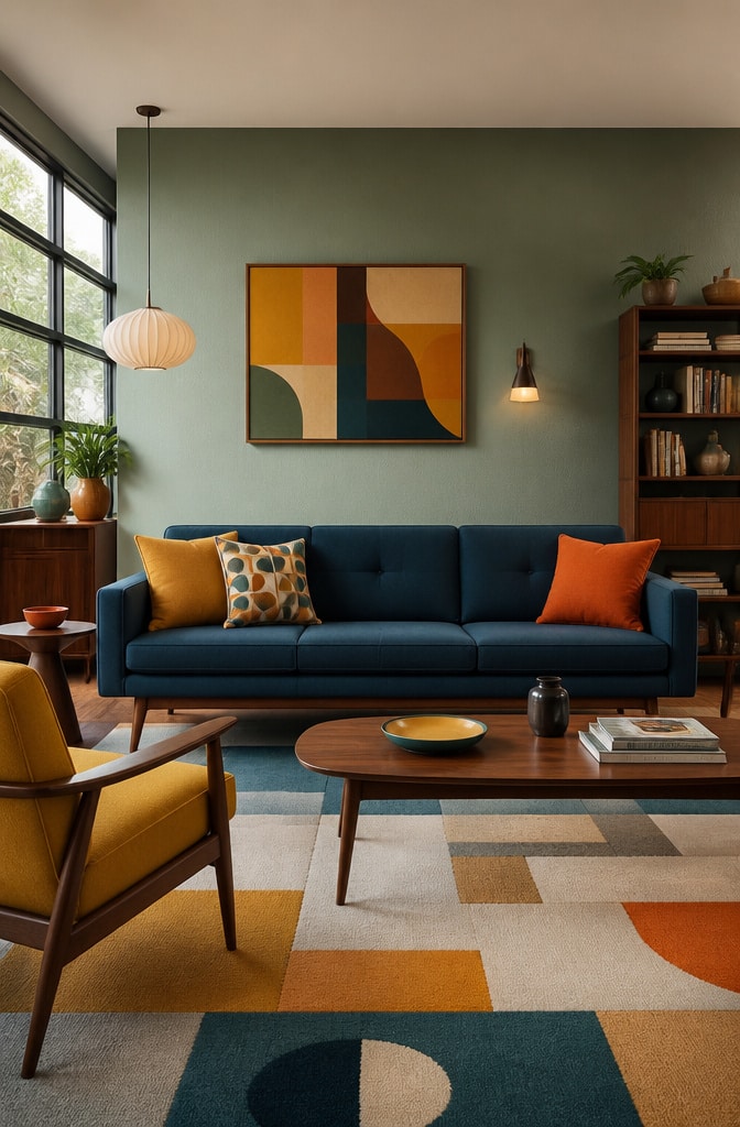 Mid-Century Modern Dark Blue Sofa Living Room
