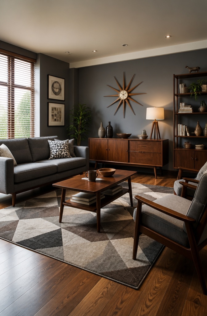 Mid-Century Modern Dark Brown and Grey Living Room