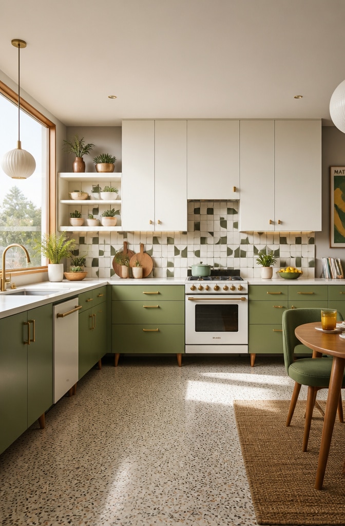 Mid-Century Modern Green and White Cabinets