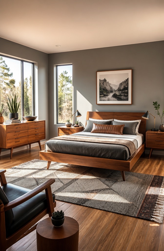 Mid-Century Modern Grey and Brown Bedroom