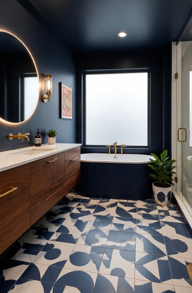 Mid-Century Modern Navy Blue Bathroom